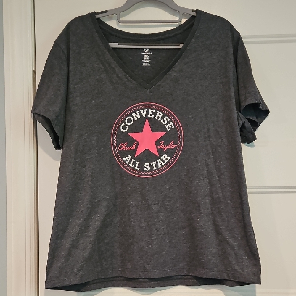 Converse Women's Gray V-Neck Top with Pink Logo XXL